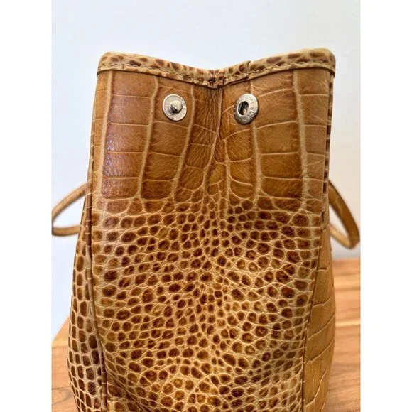 Longchamp Tan Croc-Embossed Roseau Leather Tote Handbag With Silver Toggle Closu